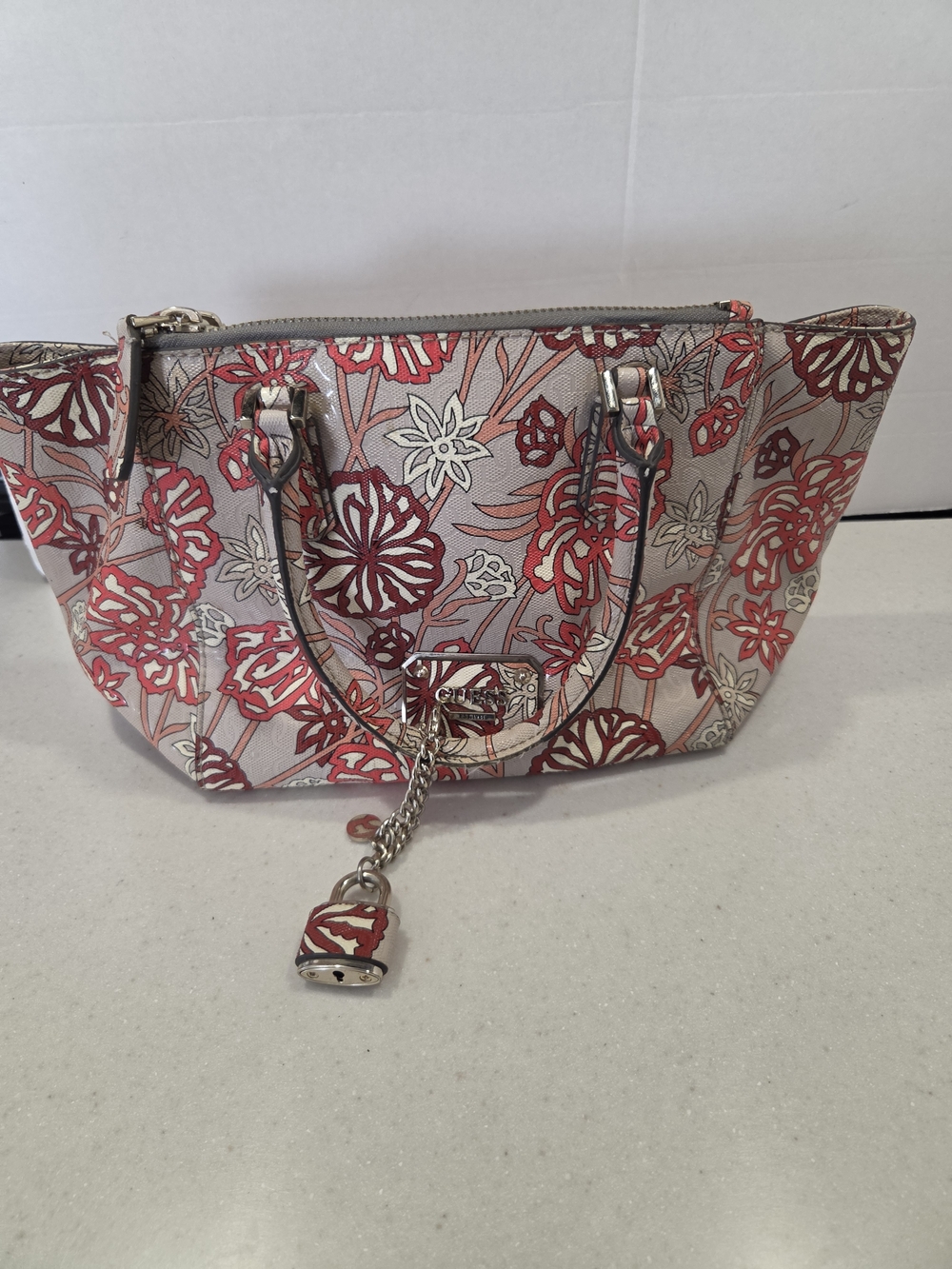 Guesd Floral Printed Satchel in Coral and Cream